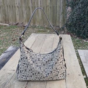 Tommy Hilfiger Monogram Hobo Shoulder Bag,Y2k Style Canvas Faux Leather Trim